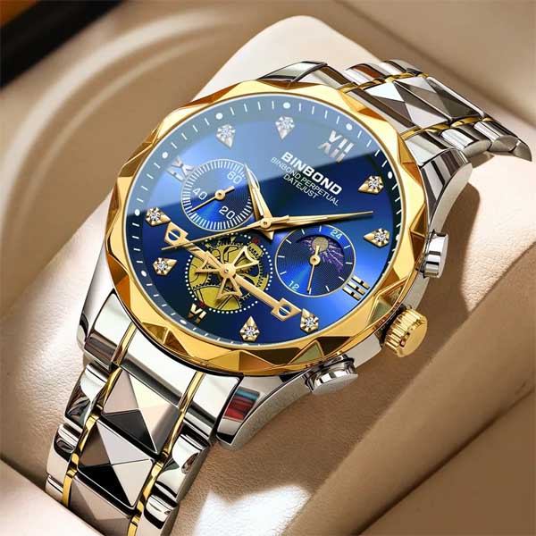 Binbond 1236 Men’s Stainless Steel Quartz Watch – Moon Phase & Luminous Hands